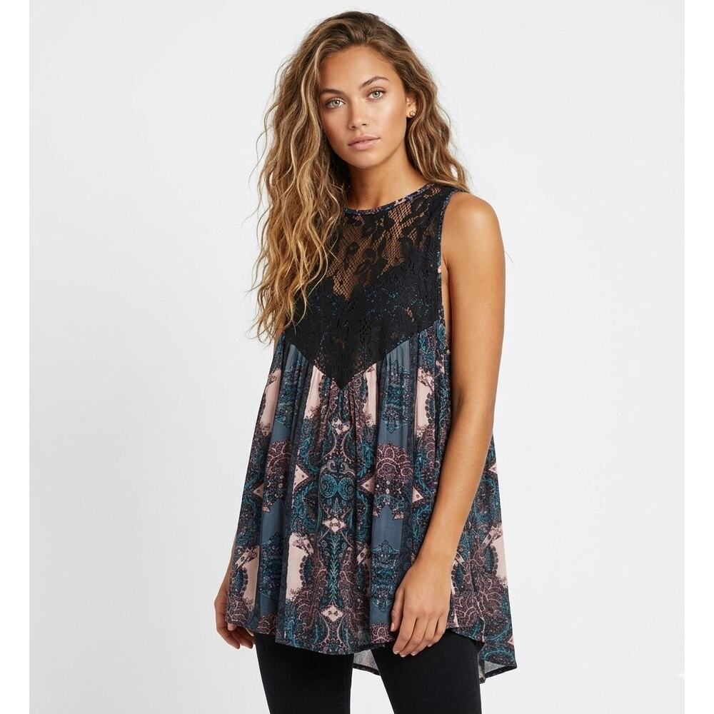 FREE PEOPLE Count Me In Top Size XS Black Lace Boho Chic Tunic Tank Shirt New